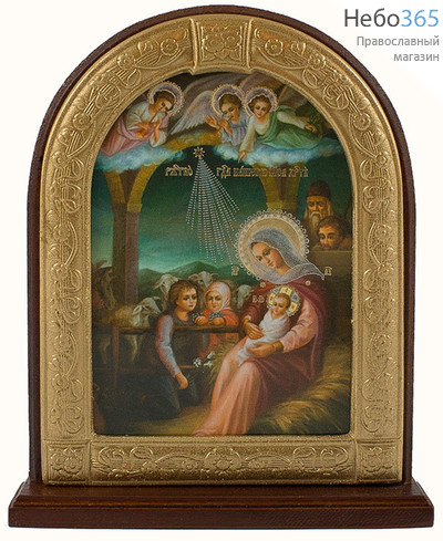  Икона на дереве 11х13, Рождество Христово, арочная, на подставке на зеленом фоне, фото 1 