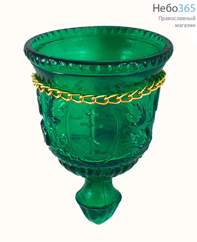  Стакан для лампад крвсный, зеленый, с конусом. Стекло, окраска, рисунок лоза, крест, с кольцом для подвески цвет: зеленый, фото 1 