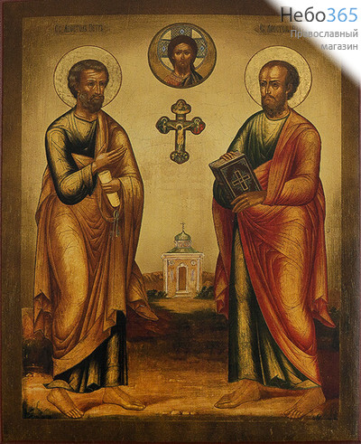  Икона на дереве 18х14, апостолы Петр и Павел, печать на левкасе, золочение, фото 1 