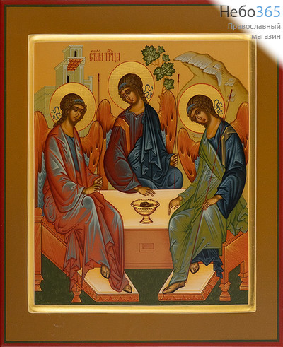  Святая Троица. Икона писаная 27х31х4 см, цветной фон, золотые нимбы, с ковчегом (Шун), фото 1 