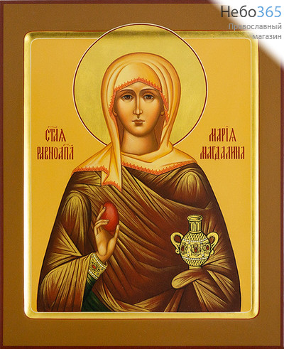  Мария Магдалина, равноапостольная. Икона писаная (Шун) 22х28х3,8, цветной фон, золотой нимб, с ковчегом, фото 1 