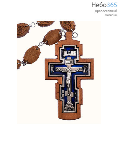  Крест деревянный наперсный иерейский 17153 -1, резной, с гальванической посеребренной вставкой, с эмалью, на деревянной цепочке с синей эмалью, фото 1 