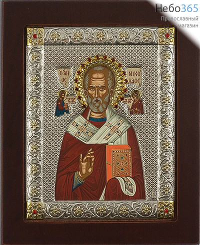  Икона в ризе EKВ399-ХAG 11х13, посеребрение, позолота, шелкография, на деревянной основе, со стразами святитель Николай Чудотворец, фото 1 