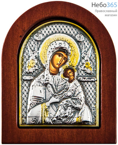  Икона в ризе 7х8, посеребрение, позолота, на дереве, арочная икона Божией Матери Страстная, фото 1 