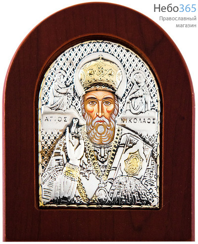  Икона в ризе 7х8, посеребрение, позолота, на дереве, арочная святитель Николай, фото 1 
