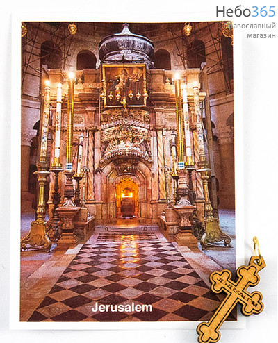  Набор "Иерусалимский" №8, из фотографии 6,5 х 9 см и нательного креста из оливы, высотой 3,2 см.освящен на Голгофе, Камне Помаза (в уп. - 5 шт.), фото 1 