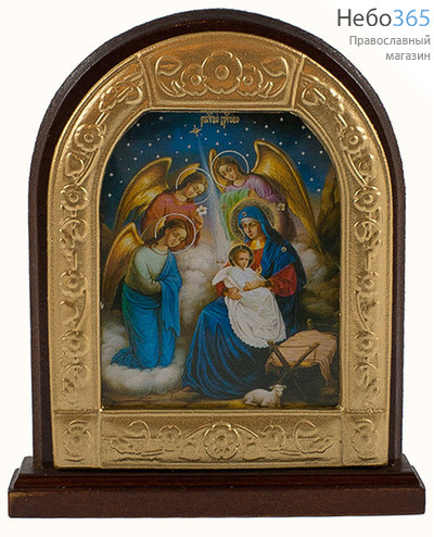  Рождество Христово. Икона на дереве 6х9, арочная, на подставке (Х294) (Мис) на синем фоне, фото 1 