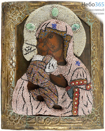  Владимирская икона Божией Матери. Икона писаная 22х28 см, в ризе, бисер, камни, 18 век (Ат), фото 1 