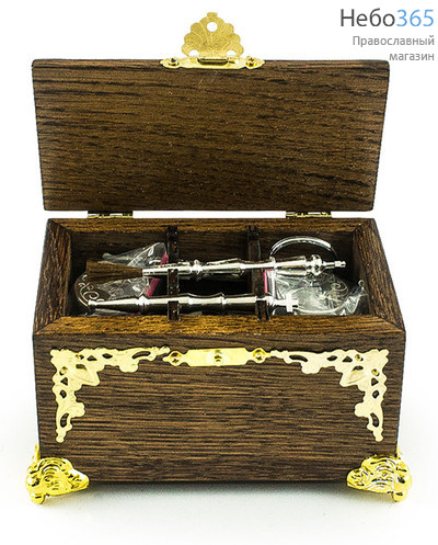  Ящик крестильный деревянный, с боковыми накладками: 2 флакона, 2 стрючца, губка, складные ножницы, 6,5 х 11,5 х 8,5 см, фото 3 