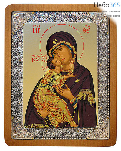  Икона шелкография 16х20, посеребренная риза, в коробке Божией Матери Владимирская, фото 1 