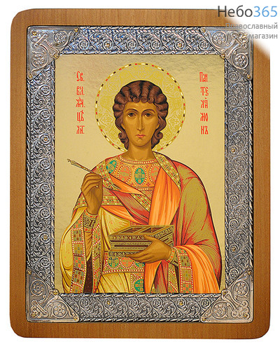  Икона шелкография 16х20, посеребренная риза, в коробке Пантелеимон, великомученик, фото 1 