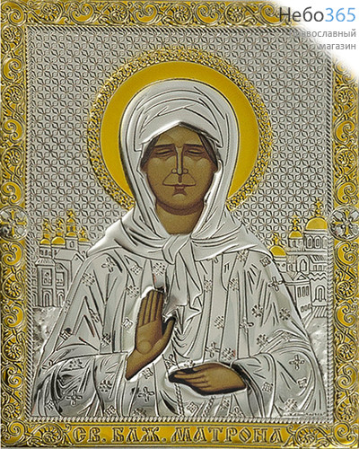  Матрона Московская, блаженная. Икона в ризе СПД1 14х18, полиграфия, серебрение, золочение, на деревянной основе,, фото 1 