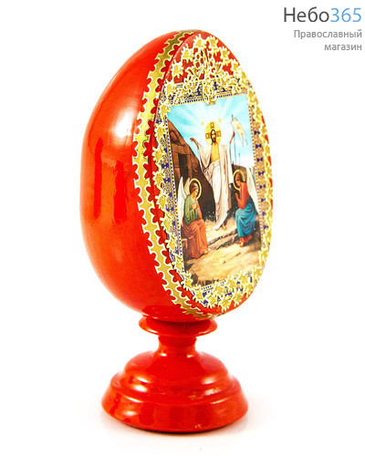  Яйцо пасхальное деревянное со срезом, на ножке, с иконой Воскресение Христово, красное, с золотой аппликацией, высотой 10,5 см, фото 2 