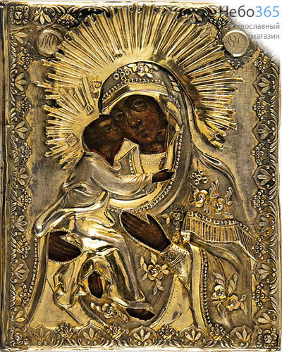  Владимирская икона Божией Матери. Икона писаная 14х18 см, риза, 19 век (Кж), фото 1 