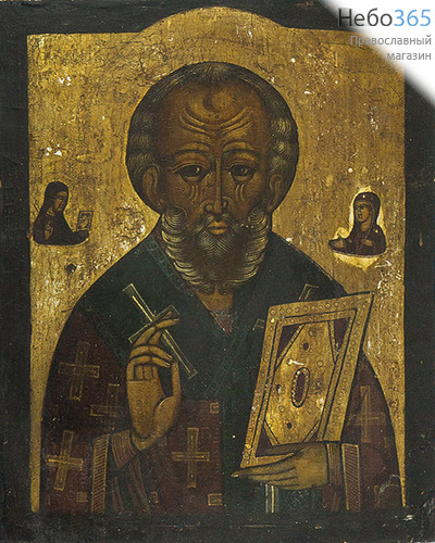  Икона писаная 22х26,5, святитель Николай Чудотворец, писаная на серебре, щепа, 19 век, фото 1 