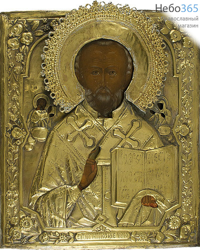  Николай Чудотворец, святитель. Икона писаная (Кж) 26х31, в ризе, 19 век, частичная реставрация, фото 1 
