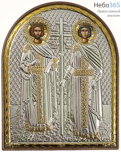  Икона в ризе (Ж) EK3-PAG 8,5х10,5, равноапостольные царь Константин и царица Елена, шелкография, серебрение, золочение, на пластиковой основе, фото 1 