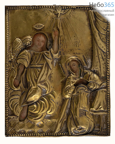  Благовещение Пресвятой Богородицы. Икона писаная 12х15 см, в ризе, 18 век (Кж), фото 1 