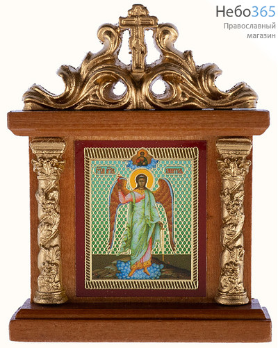  Киот с иконой деревянный 5,5х9,5 см, с колоннами и навершием, на подставке (Мис) Ангел Хранитель, фото 1 