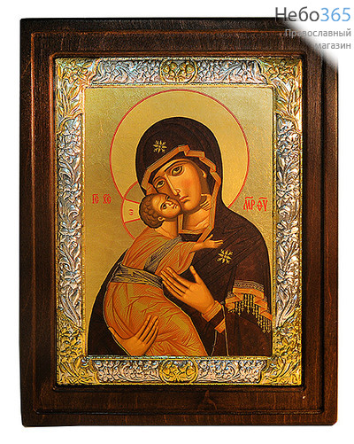  Икона на дереве (Аф) D 25х32, Божией Матери Владимирская, открытая риза, шелкография, посеребрение, позолота, двойной ковчег, фото 1 