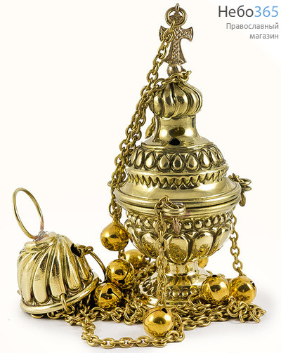  Кадило малое латунное требное, с 8 позвонцами, с чеканкой, с медной чашей, высотой 16 см вид чеканки № 5, фото 1 