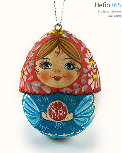  Яйцо пасхальное деревянное подвесное, "Матрешка", с акриловой ручной росписью, высотой 7 см, разноцветные, фото 3 