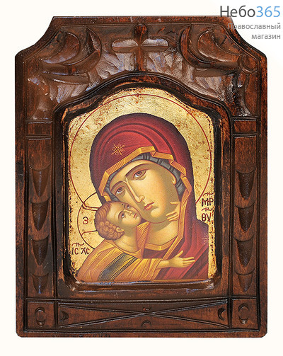  Икона на дереве (Нпл) B 21, 16х24, ручное золочение, фигурная, резная рама, с ковчегом Божией Матери Владимирская, фото 1 