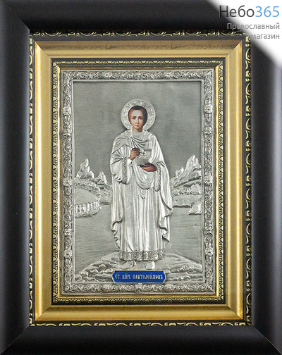  Пантелеимон, великомученик. Икона в ризе 23.5х29,5х4 см, полиграфия, серебрение, скань, эмаль, в деревянной раме под стеклом (Лч), фото 1 