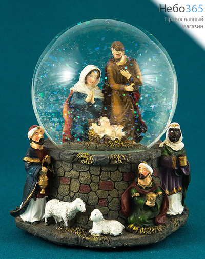  Вертеп рождественский из полистоуна, в шаре с гелем и блестками, музыкальный, высотой 14 см, 25412., фото 1 