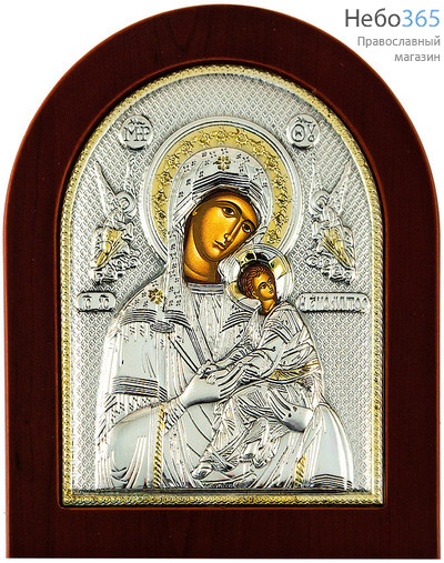  Икона в ризе 13х17, посеребрение, позолота, на дереве, арочная икона Божией Матери Страстная, фото 1 