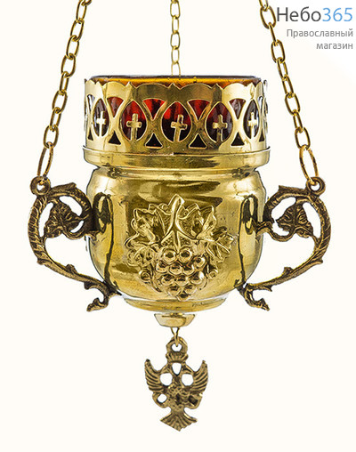  Лампада подвесная латунная с накладками Виноград, со стаканом, высотой 11 см, 9768 В, фото 1 