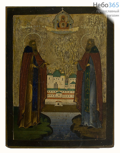  Зосима и Савватий, преподобные. Икона писаная (Ат) 13х17, без ковчега, середина 19 века, фото 1 