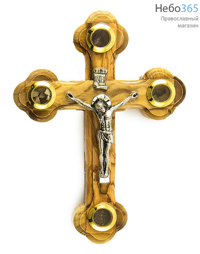  Крест деревянный Иерусалимский из оливы, с металлическим распятием, с 4 вставками, высотой 13,5 см, фото 1 