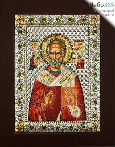  Николай Чудотворец, святитель. Икона 15х19,6 см, шелкография, в ризе с посеребрением, позолотой и стразами, на деревянной основе (EKВ499-ХAG) (Ж), фото 1 