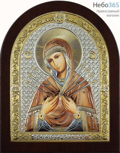  Семистрельная икона Божией Матери. Икона в ризе (Л) ДПЭ-03 16,5х20, полиграфия, серебрение, золочение, цветная эмаль, арочная, на деревянной основе,, фото 1 