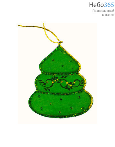  Сувенир рождественский деревянный, ёлочное украшение простое, в ассортименте, с цветной росписью (в уп.- 5 шт.), 10202 игрушка: елка, фото 1 