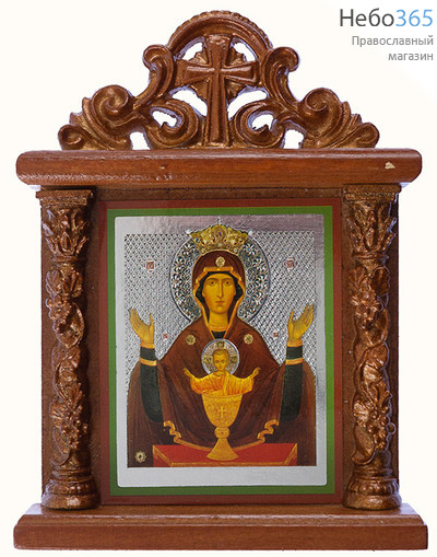  Киот с иконой деревянный 10х13 см, с колоннами и навершием, на подставке (Мис) икона Божией Матери Неупиваемая Чаша (х6515), фото 1 