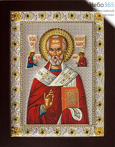  Николай Чудотворец, святитель. Икона 20х25 см, шелкография,  в ризе с посеребрением, позолотой и стразами, на деревянной основе (EKВ599-ХAG) (Ж), фото 1 