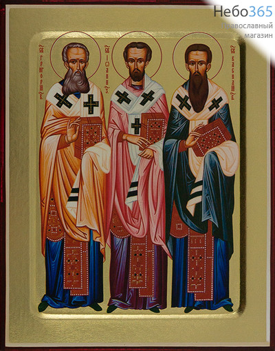  Три Святителя. Икона на дереве 13х16х2,5 см, золотой фон, с ковчегом (Зх), фото 1 