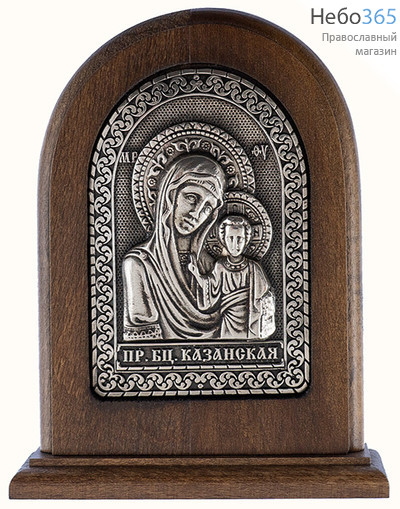  Казанская икона Божией Матери. Икона 10,5х13 см, на деревянной основе, металлогальваника с посеребрением, арочная, на подставке (Ро), фото 1 