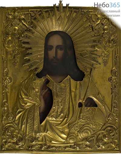  Господь Вседержитель. Икона писаная (Фр) 25х31, латунный позолоченный оклад, 19 век, фото 1 
