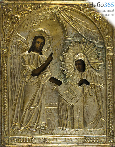  Благовещение Пресвятой Богородицы. Икона писаная 17х22, в ризе, 19 век., фото 1 