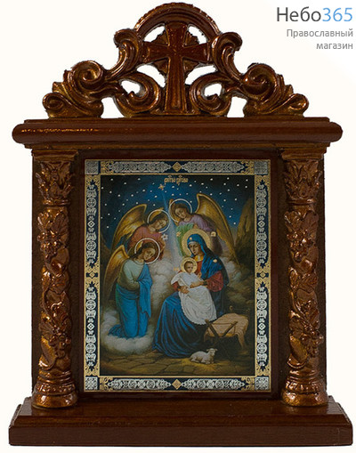  Рождество Христово. Икона в деревянном киоте 10х13 см, с колоннами и навершием, на подставке (х43327) (Мис), фото 1 