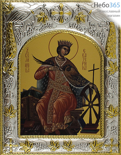  Икона на дереве (БИ) 14х18, ультрафиолетовая печать, золотой фон, открытая посеребренная, позолоченная риза, в коробке Екатерина, великомученица, фото 1 
