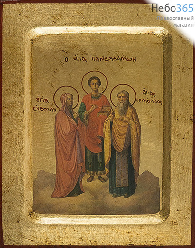  Икона на дереве B 2/S, 14х19 см, ручное золочение, многофигурная, с ковчегом (Нпл) Пантелеимон, великомученик, его мать святая Еввула и святой Ермолай (N14051), фото 1 
