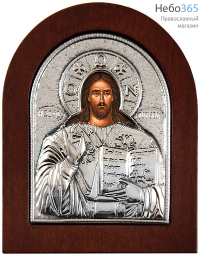  Икона 9х12 см, на деревянной основе, в посеребренной ризе, арочная, с подставкой (Нпл) Спаситель, фото 1 