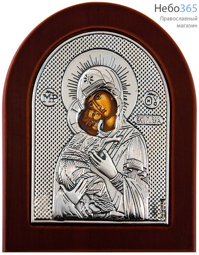  Икона 9х12 см, на деревянной основе, в посеребренной ризе, арочная, с подставкой (Нпл) икона Божией Матери Владимирская, фото 1 