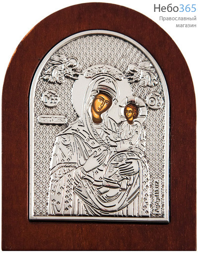 Икона 9х12 см, на деревянной основе, в посеребренной ризе, арочная, с подставкой (Нпл) икона Божией Матери Скоропослушница, фото 1 
