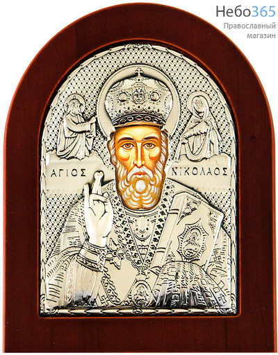  Икона в ризе 15,5х19, на дереве, посеребрение, арочная, на подставке Николай Чудотворец, святитель, фото 1 