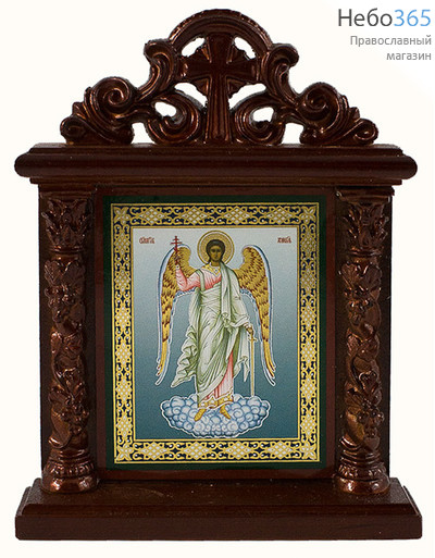  Киот с иконой деревянный 10х13 см, с колоннами и навершием, на подставке (Мис) Ангел Хранитель (х30597), фото 1 